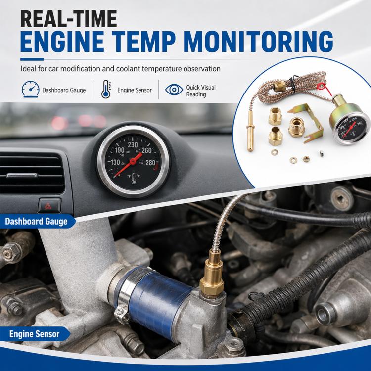 Engine temperature monitoring gauge set with dashboard gauge, sensor probe, and brass adapters.