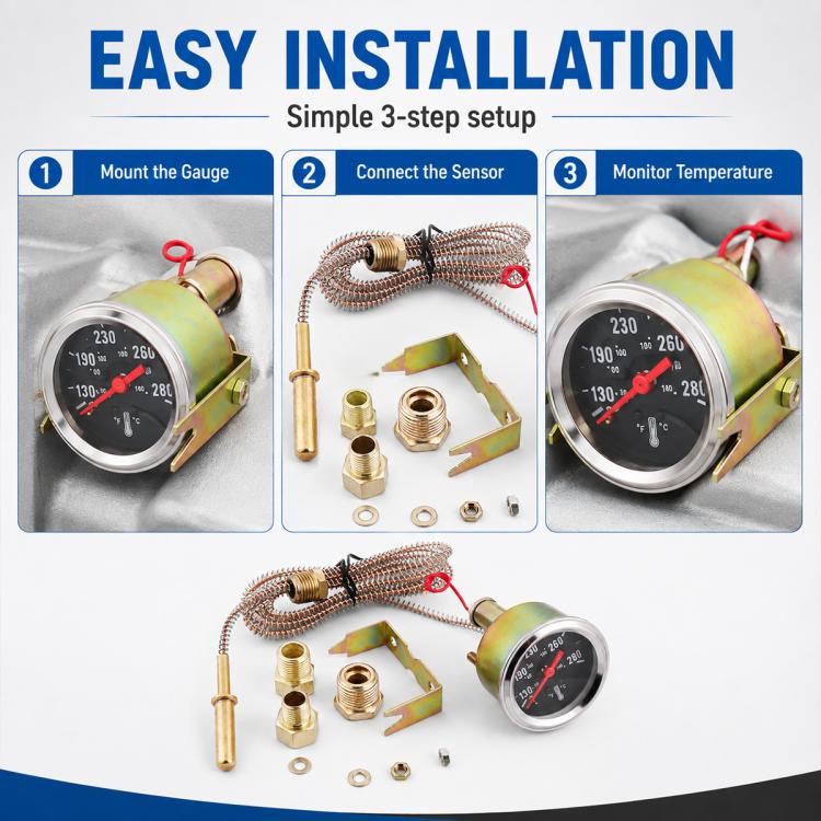Water temperature gauge installation kit with dashboard gauge, sensor probe, and brass adapters.