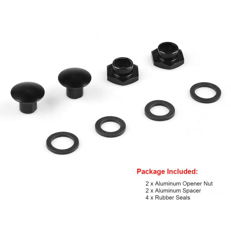 Rear glass strut kit hardware set: black caps, aluminum nuts, and rubber seals