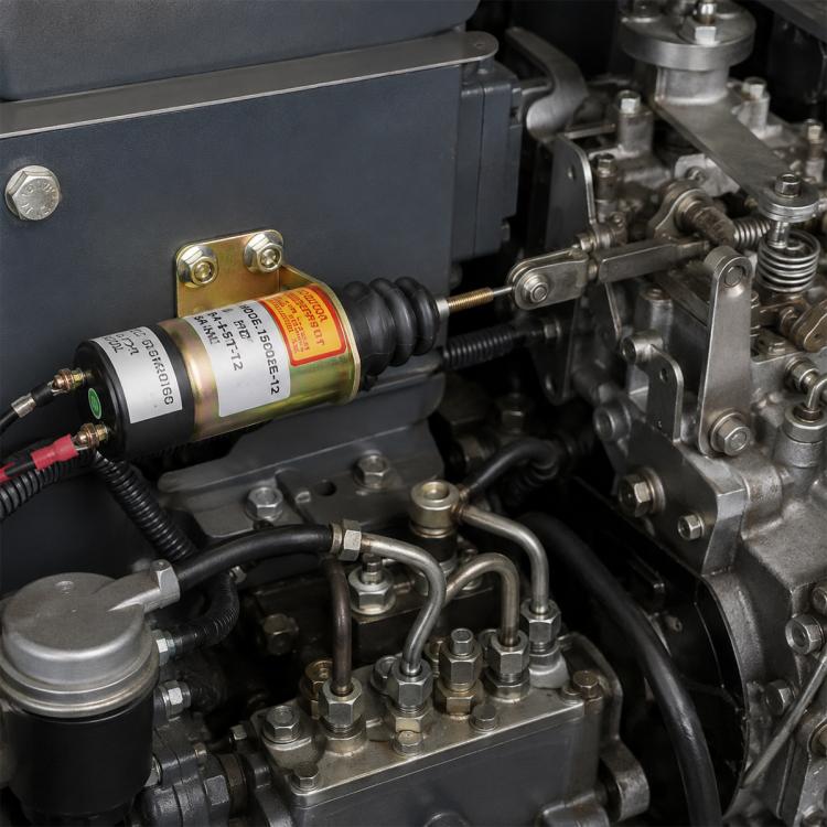 Engine shutdown solenoid valve, black rubber boot and metal bracket on 12V assembly