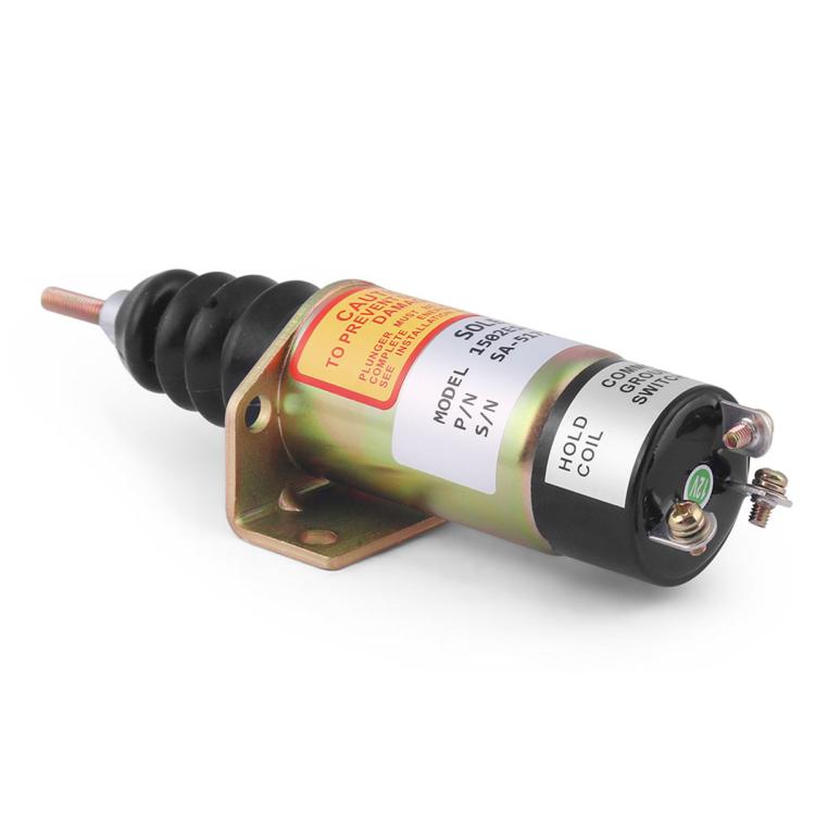 12V shutdown solenoid valve with threaded plunger rod and mounting feet, angled view