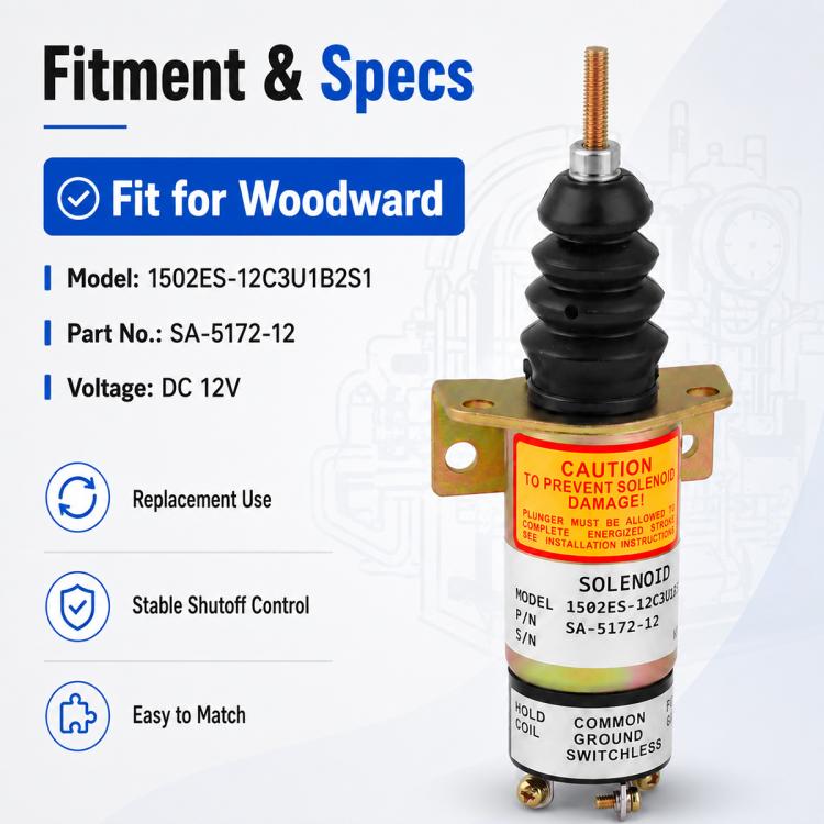 12V shutdown solenoid valve with mounting bracket and electrical terminals, front view