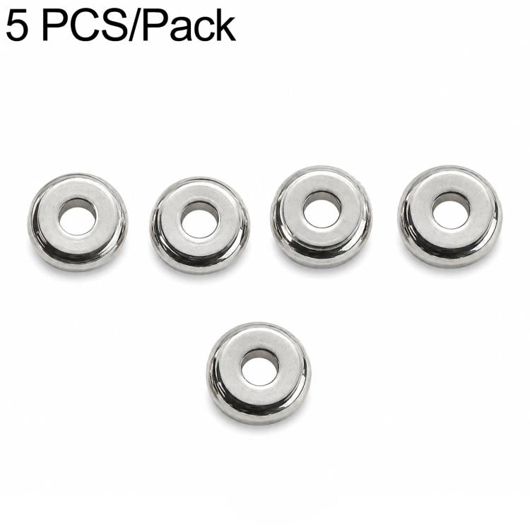 Silver-tone round spacer beads with center hole, 5-pack, one bead separated