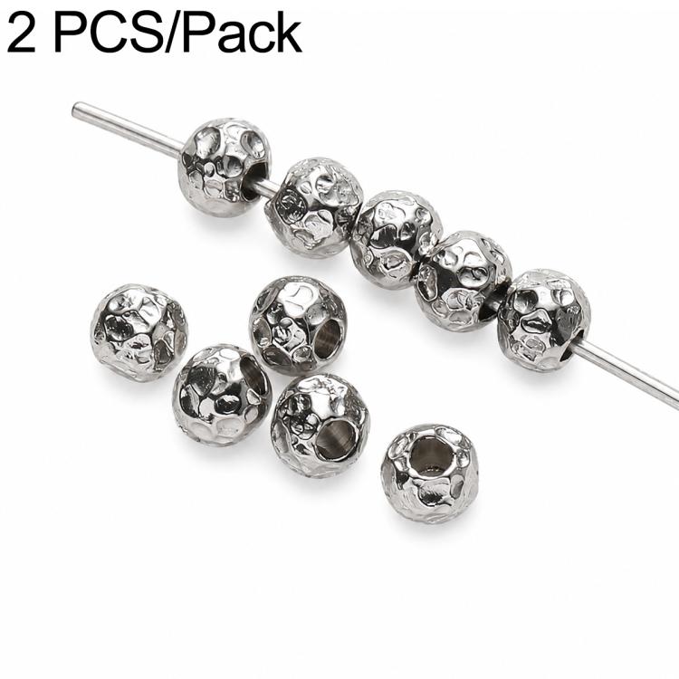 Silver-tone textured round spacer beads with center holes, 2-pack on a pin