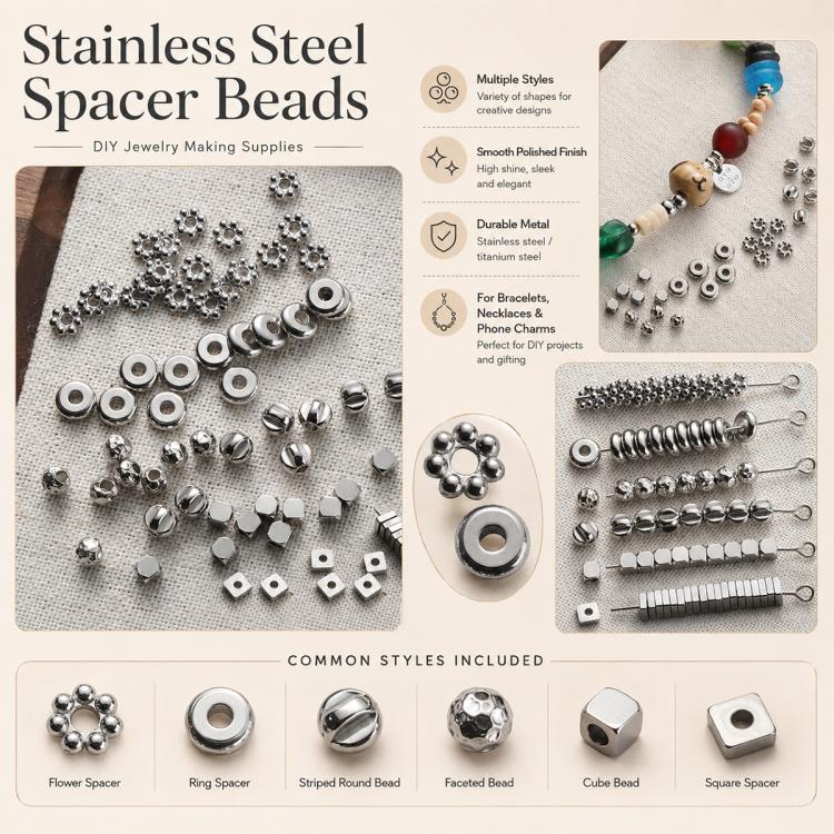Metal spacer beads set with flower and ring styles, polished silver
