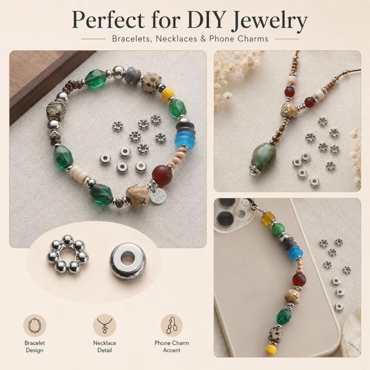 Stainless steel spacer beads for DIY jewelry, cube and ring designs, polished silver