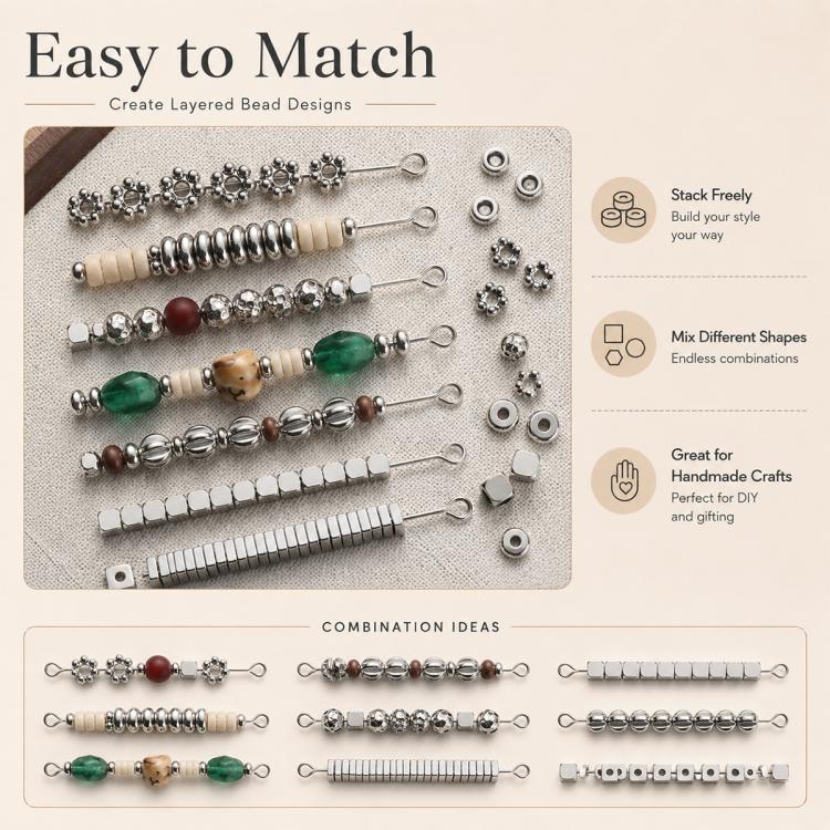 Assorted metallic spacer beads for layered DIY designs, polished silver cubes and rounds