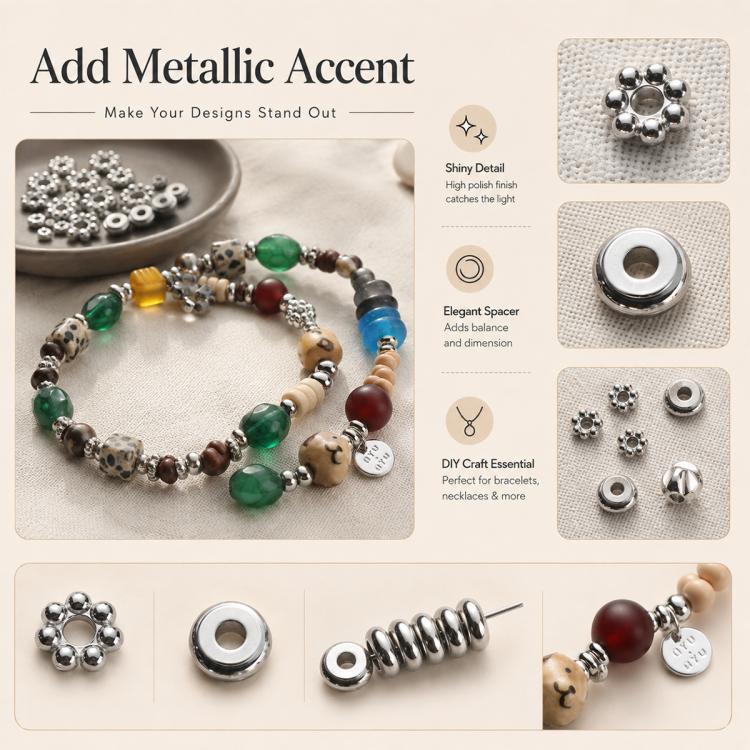 Metallic spacer beads for bracelets and necklaces, polished silver accents and ring beads