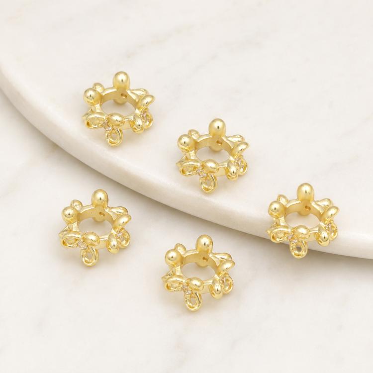 Gold-tone zircon inlaid loop spacer beads, small round design with knotted loops