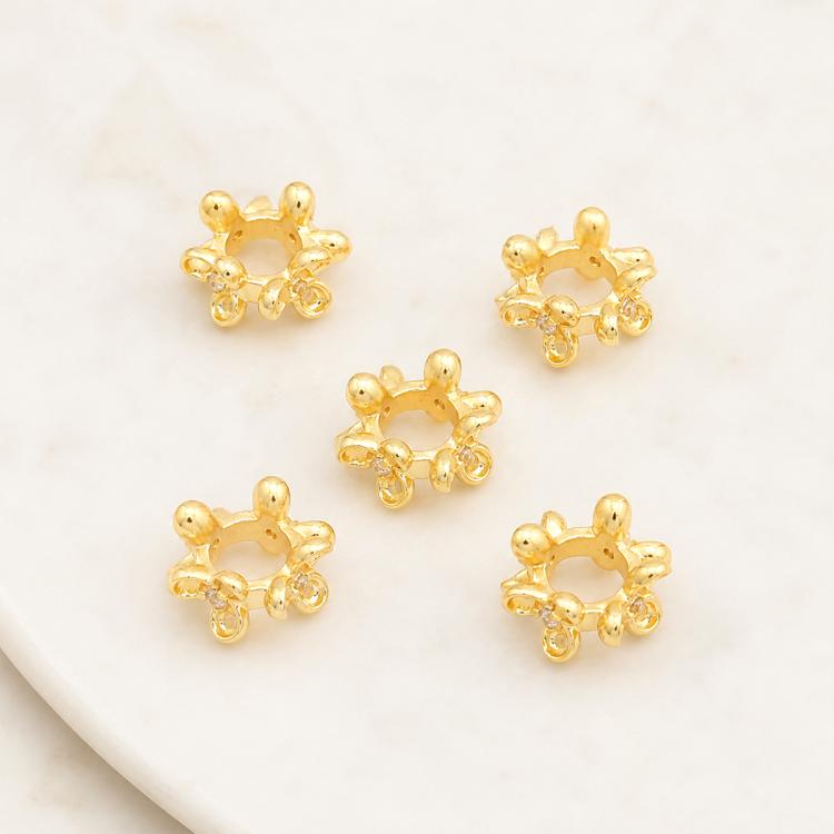 Gold-tone zircon inlaid loop spacer beads, small round beads with raised loop details