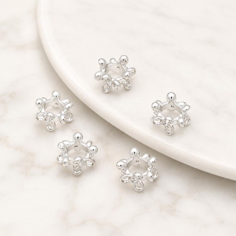 Silver-tone zircon inlaid loop spacer beads, small round beads with knotted loop design