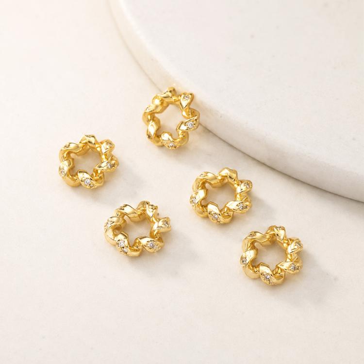 Gold-tone zircon inlaid loop spacer beads, small round beads with interlinked loop pattern