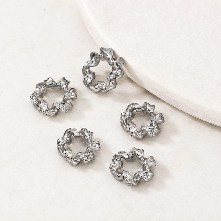 Silver-tone zircon loop spacer beads set, round ring shape with clear rhinestones