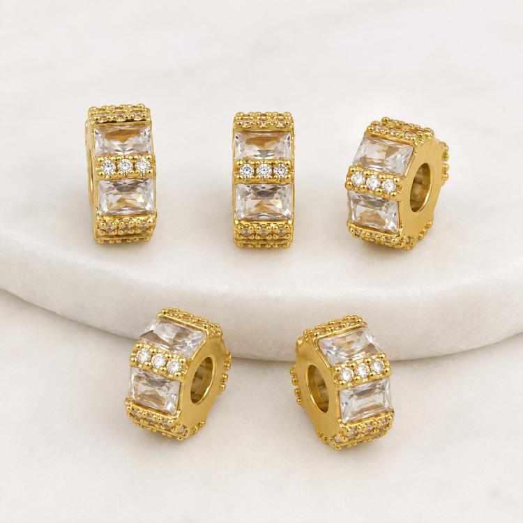 Gold-tone square zircon spacer beads with clear center stones, textured rim