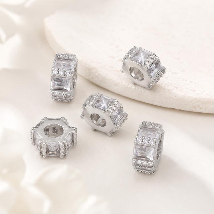 Silver-tone square crystal spacer beads with clear center stones and pave details
