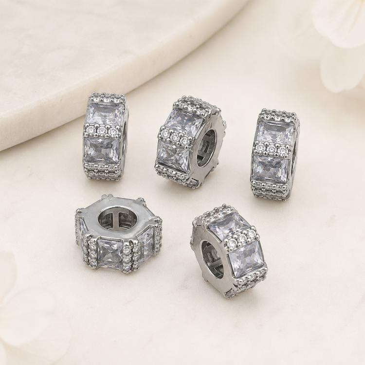 Silver-tone square zircon spacer beads, open hole design with sparkling stone rows