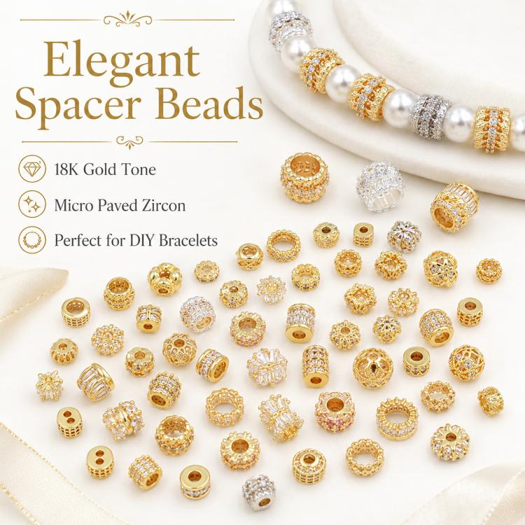 Gold and silver-tone zircon spacer beads with micro-paved clear accents