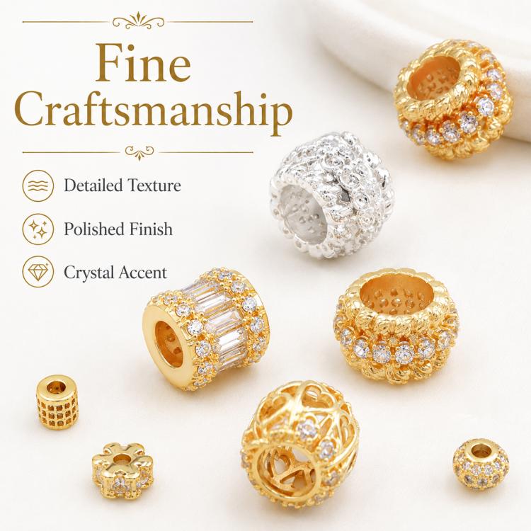 Gold-tone and silver-tone textured zircon spacer beads with crystal accents