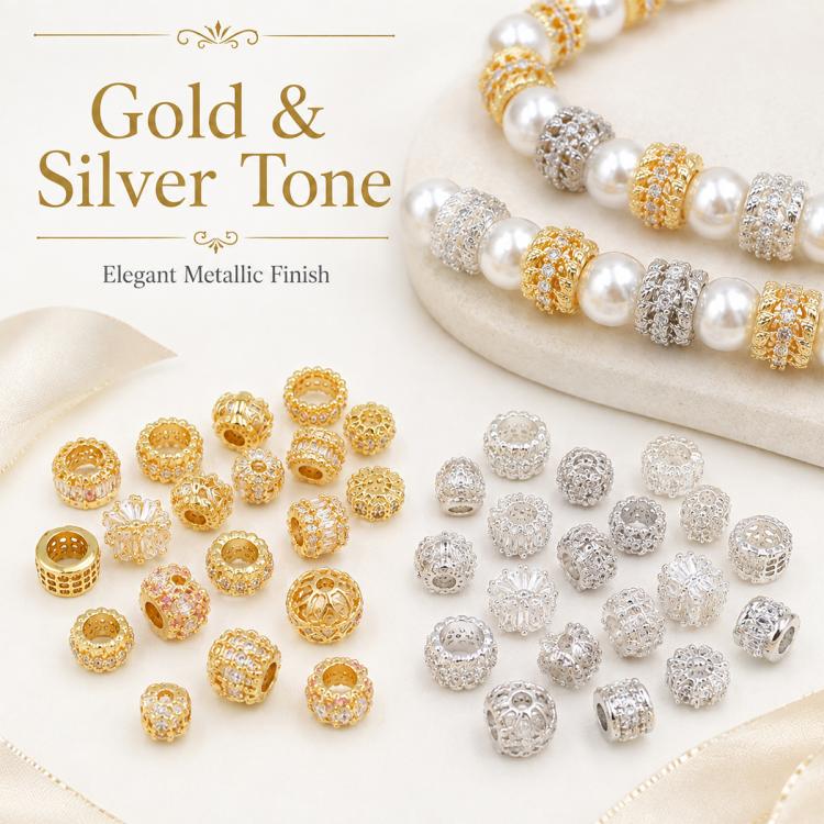Gold and silver-tone zircon spacer beads, round with sparkling crystal detailing