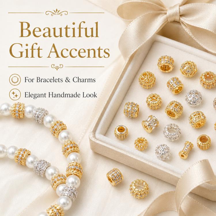Gold zircon spacer beads, assorted round and loop designs for DIY charm jewelry making