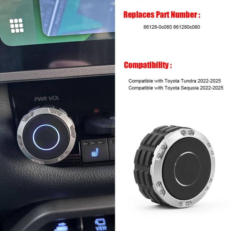 Dashboard radio control knob with glowing blue ring, black dial and silver bezel