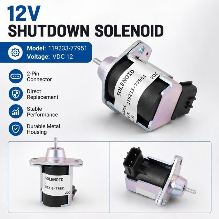Shutdown solenoid valve with metal housing, plunger shaft, and black 2-pin connector