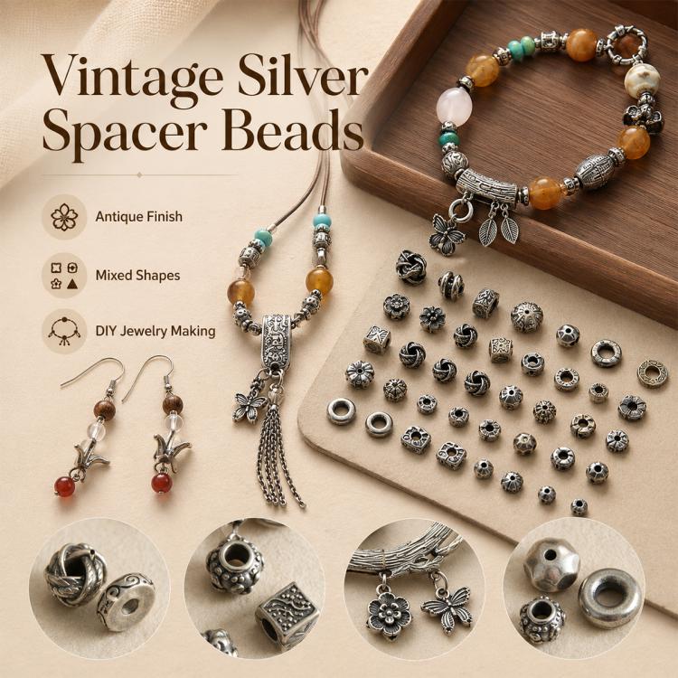 Vintage silver spacer beads set with mixed charms and beads for DIY jewelry making