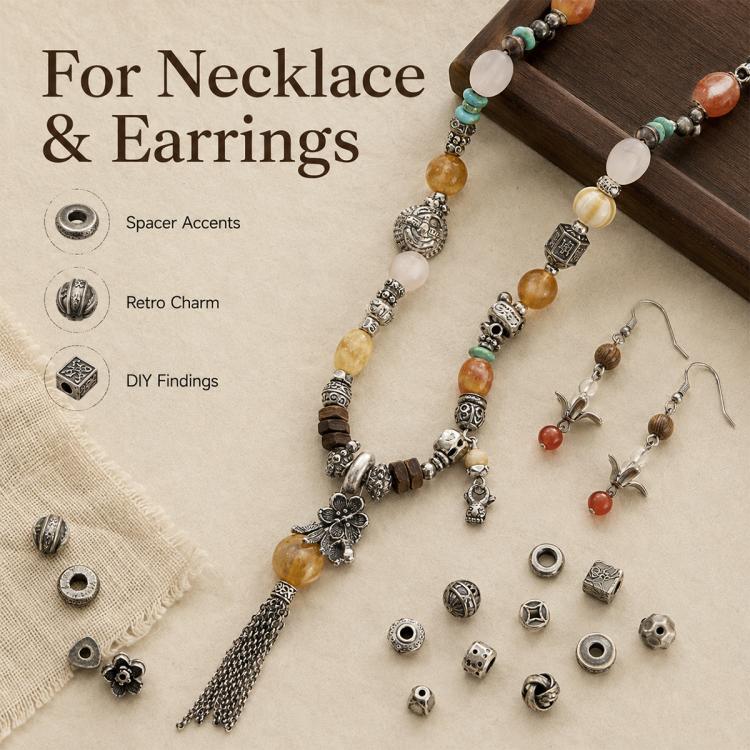 Vintage silver spacer beads set for necklace and earrings DIY, with assorted spacers and charms