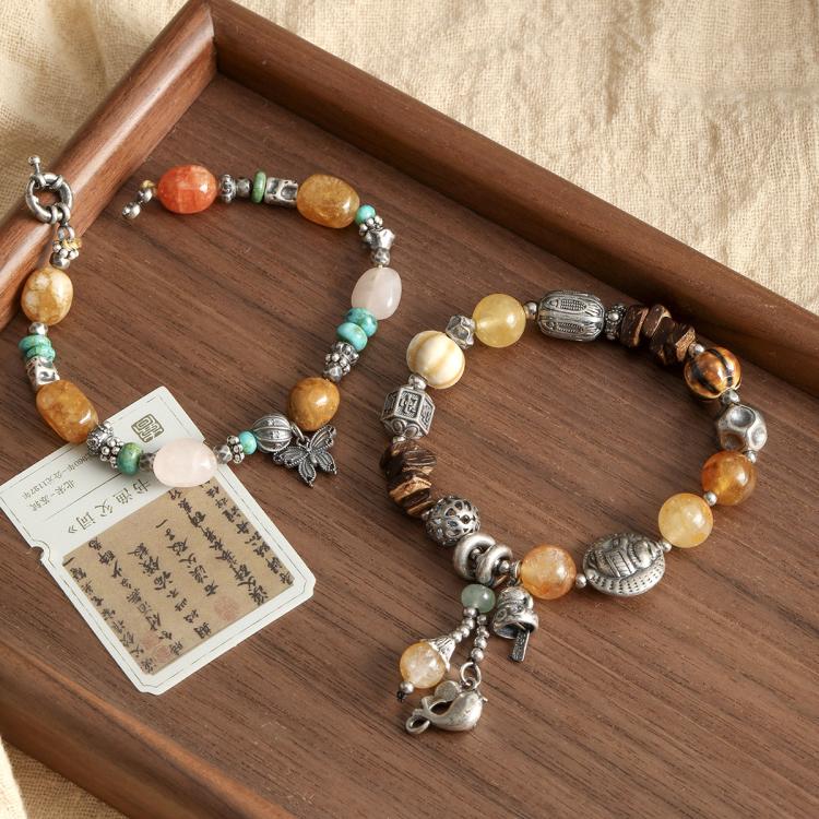 Vintage silver spacer beads for DIY bracelets with multicolor gemstone and charm beads