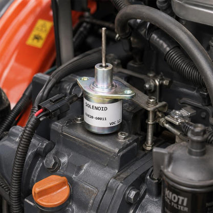 Tractor engine shutdown solenoid valve with 2-pin connector, mounted on engine