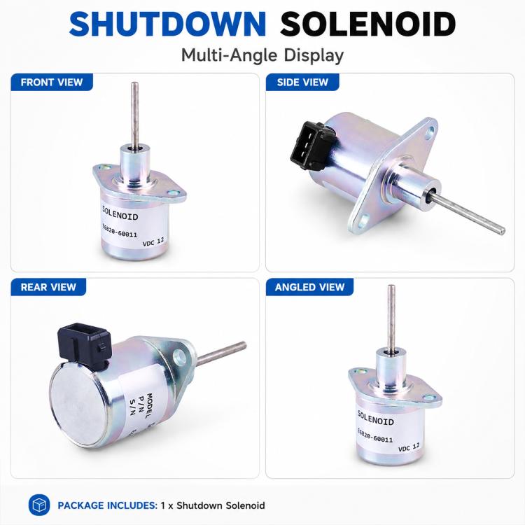 Shutdown solenoid valve with plunger rod and mounting flange shown in multi-angle views