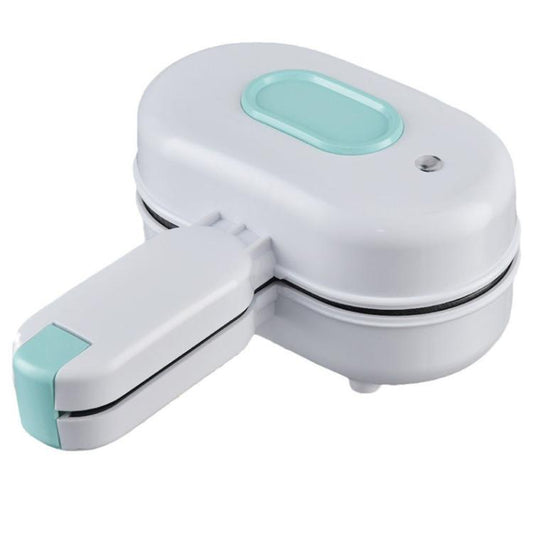 White mini sandwich breakfast maker with teal handle and top indicator window