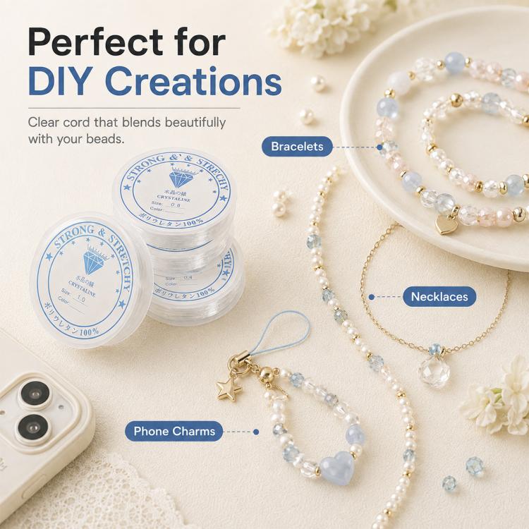 Transparent White Elastic Beading Cord DIY Craft Accessory for Bracelets, 0.4mm, 0.8mm, 1mm