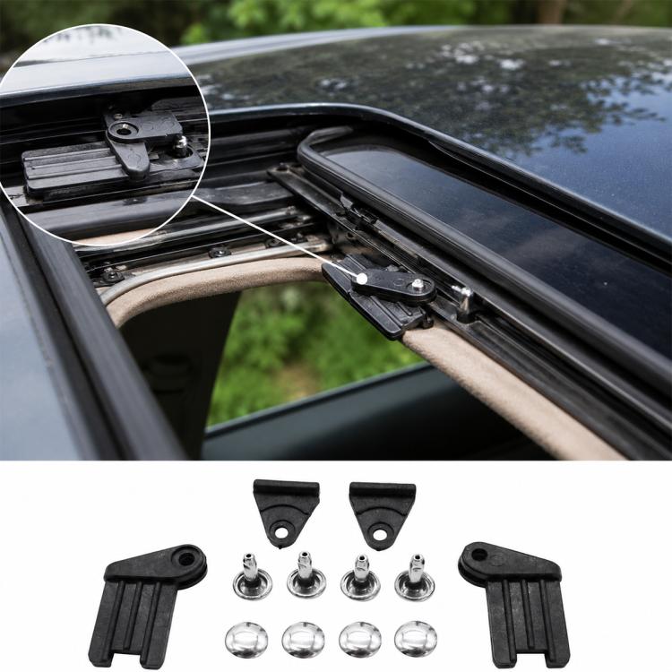Car sunroof repair kit—black plastic guides and metal rivets on sunroof track