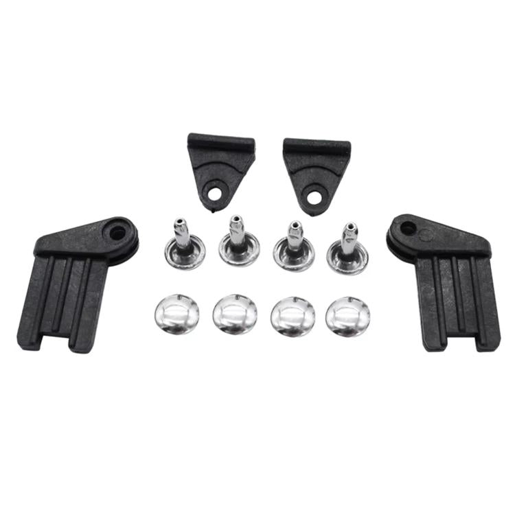 Sunroof repair kit parts: black plastic clips, metal pins, and chrome rivet caps