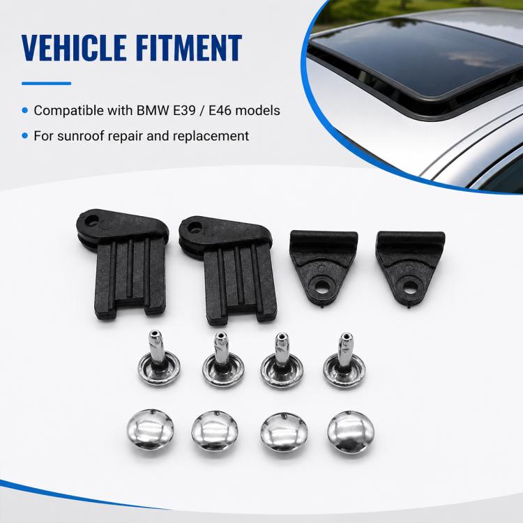 Sunroof repair kit for vehicle: four black clips and chrome rivets