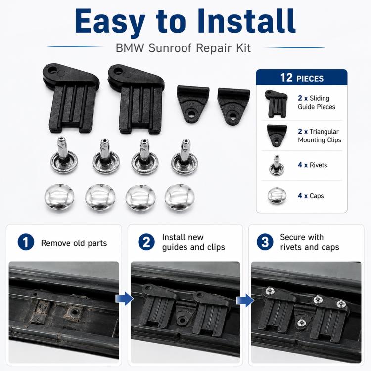 BMW sunroof repair kit 12 pieces: black guide pieces, mounting clips, rivets, caps