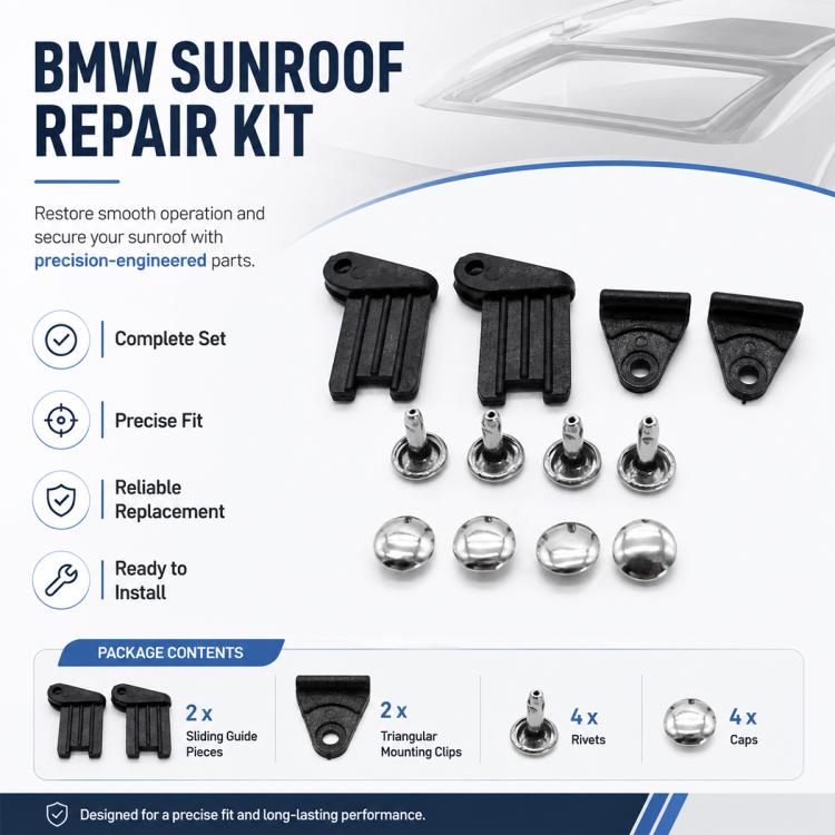 BMW sunroof repair kit set with sliding guides, triangular clips, rivets, and caps
