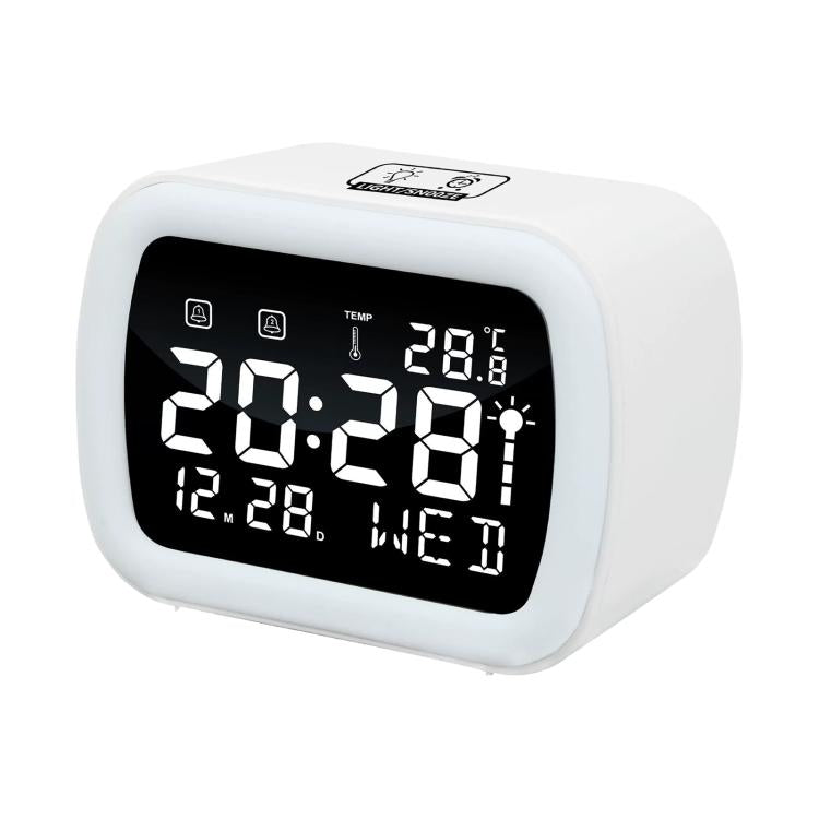 White LED digital alarm clock with temperature display and night light