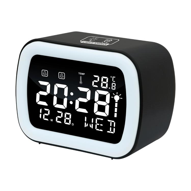 Black LED digital alarm clock with temperature display and night light, front view