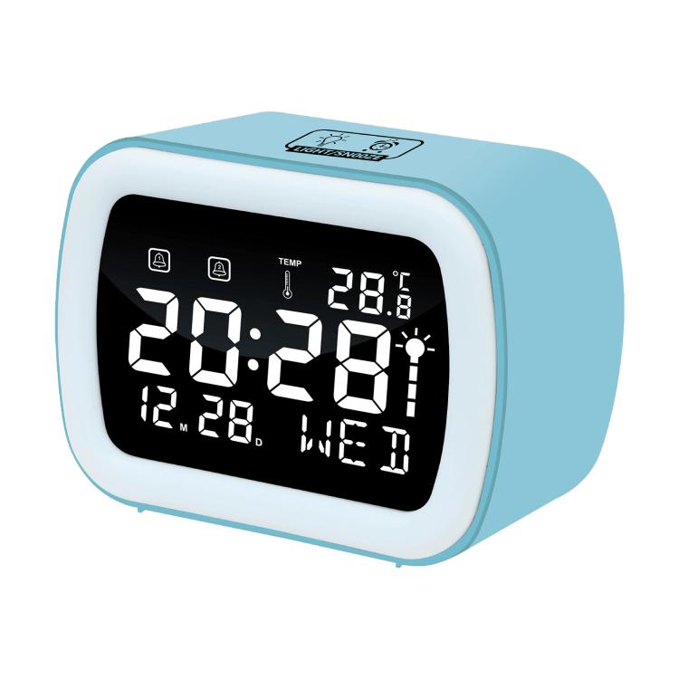 Sky blue LED digital alarm clock with temperature display and night light, front view