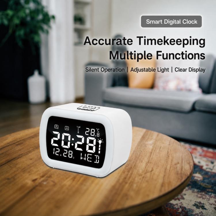 White LED digital alarm clock with temperature display and night light