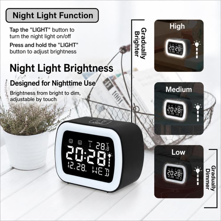 Black LED digital alarm clock with temperature display and adjustable night light