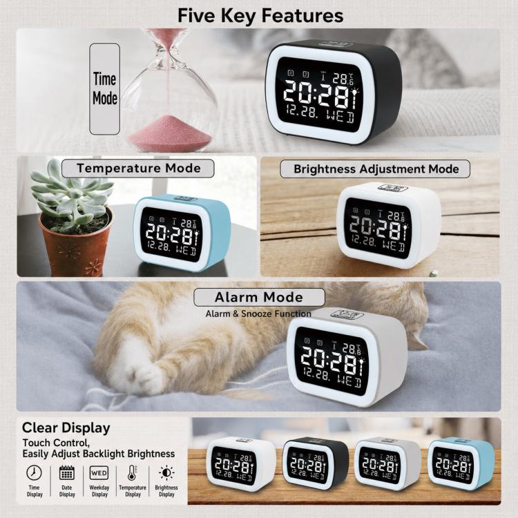 Black LED digital alarm clock with temperature display and adjustable brightness