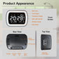 LED digital alarm clock with temperature display, rear and top view diagram