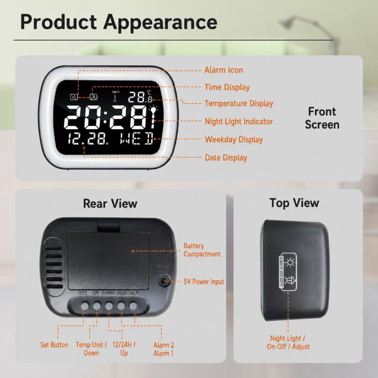 LED digital alarm clock with temperature display, rear and top view diagram