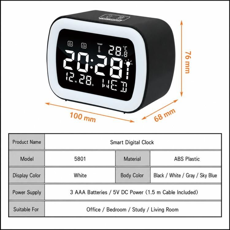 Black LED digital alarm clock with temperature display and night light, size shown
