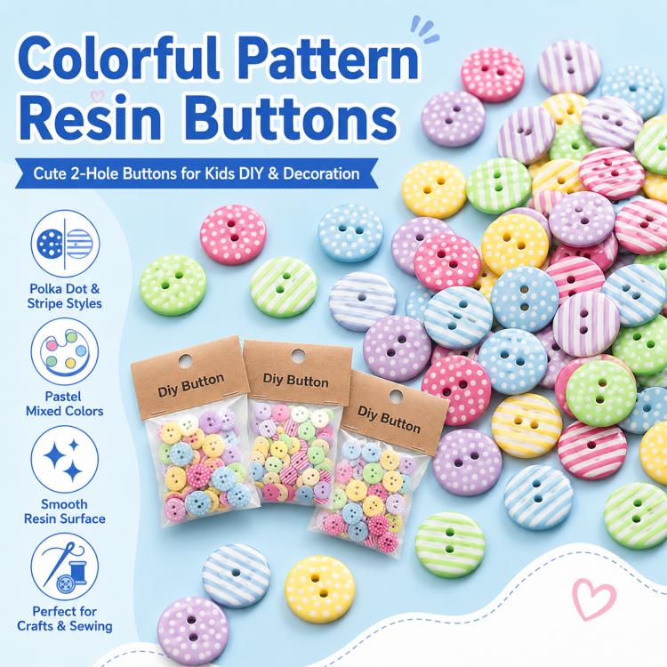 1.5cm Colorful Polka-dot and Striped Patterns Round Resin Buttons, 50 Pieces/Pack, Round