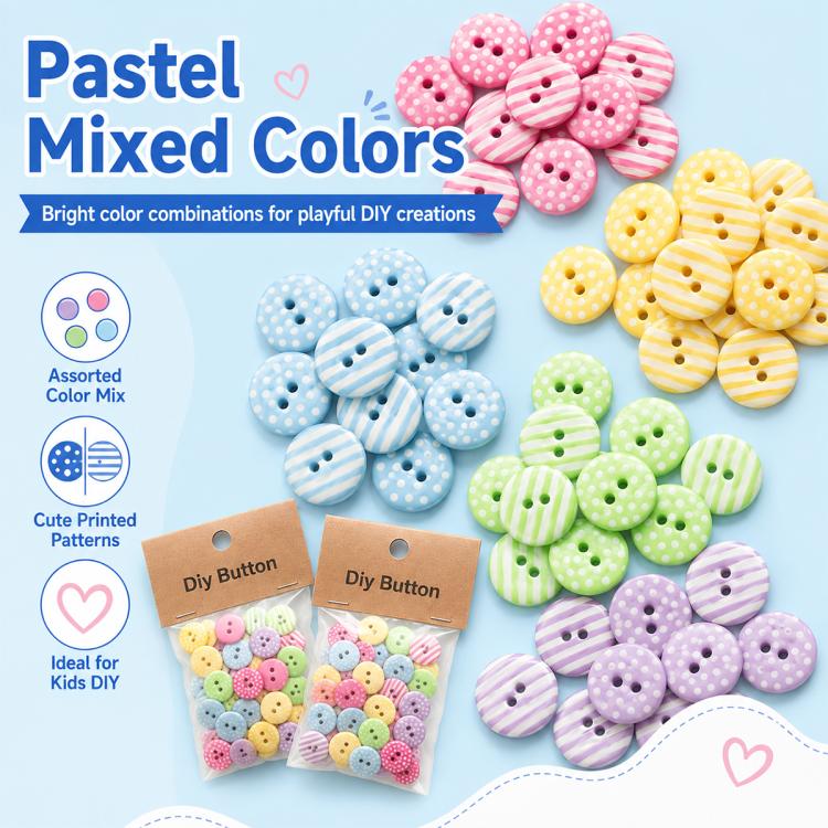 1.5cm Colorful Polka-dot and Striped Patterns Round Resin Buttons, 50 Pieces/Pack, Round