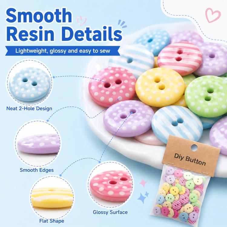 1.5cm Colorful Polka-dot and Striped Patterns Round Resin Buttons, 50 Pieces/Pack, Round